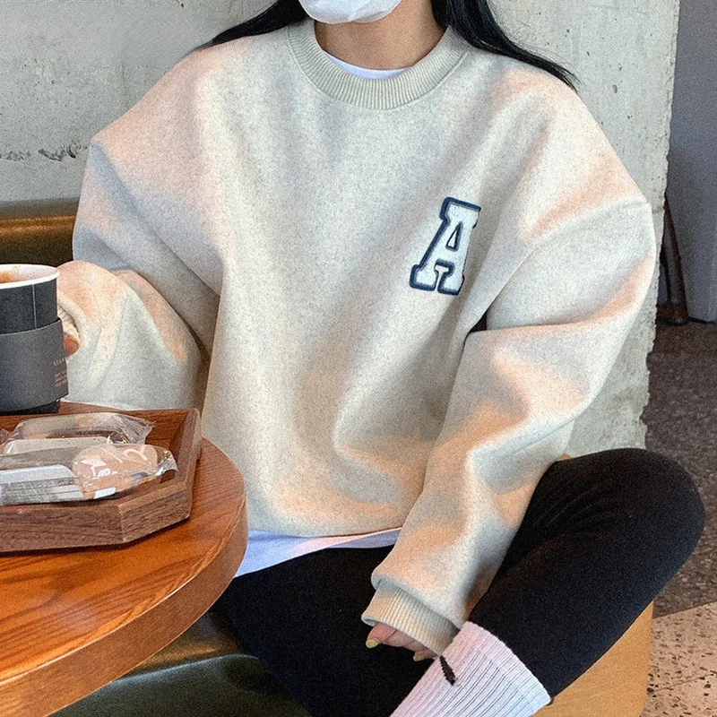 

FAKUNTN Causal Letter Fleece Thicken Pullover Sweatshirt Korean Autumn Winter Women Hoodies Long Sleeve New Top Jumpers 6D611