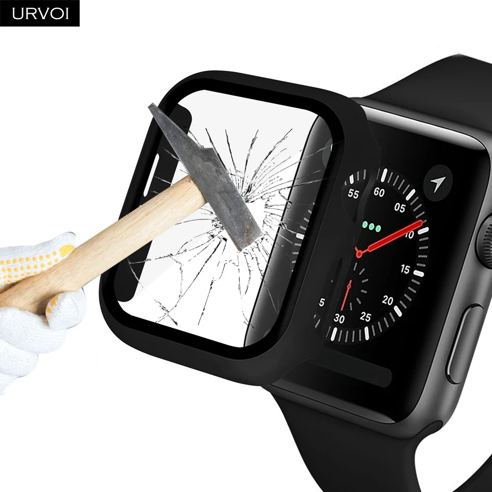 URVOI полное покрытие для Apple Watch series 5 4 3 2 Чехол 40 44 м матовый пластиковый бампер с закаленным стеклом для iWatch Pine Green band