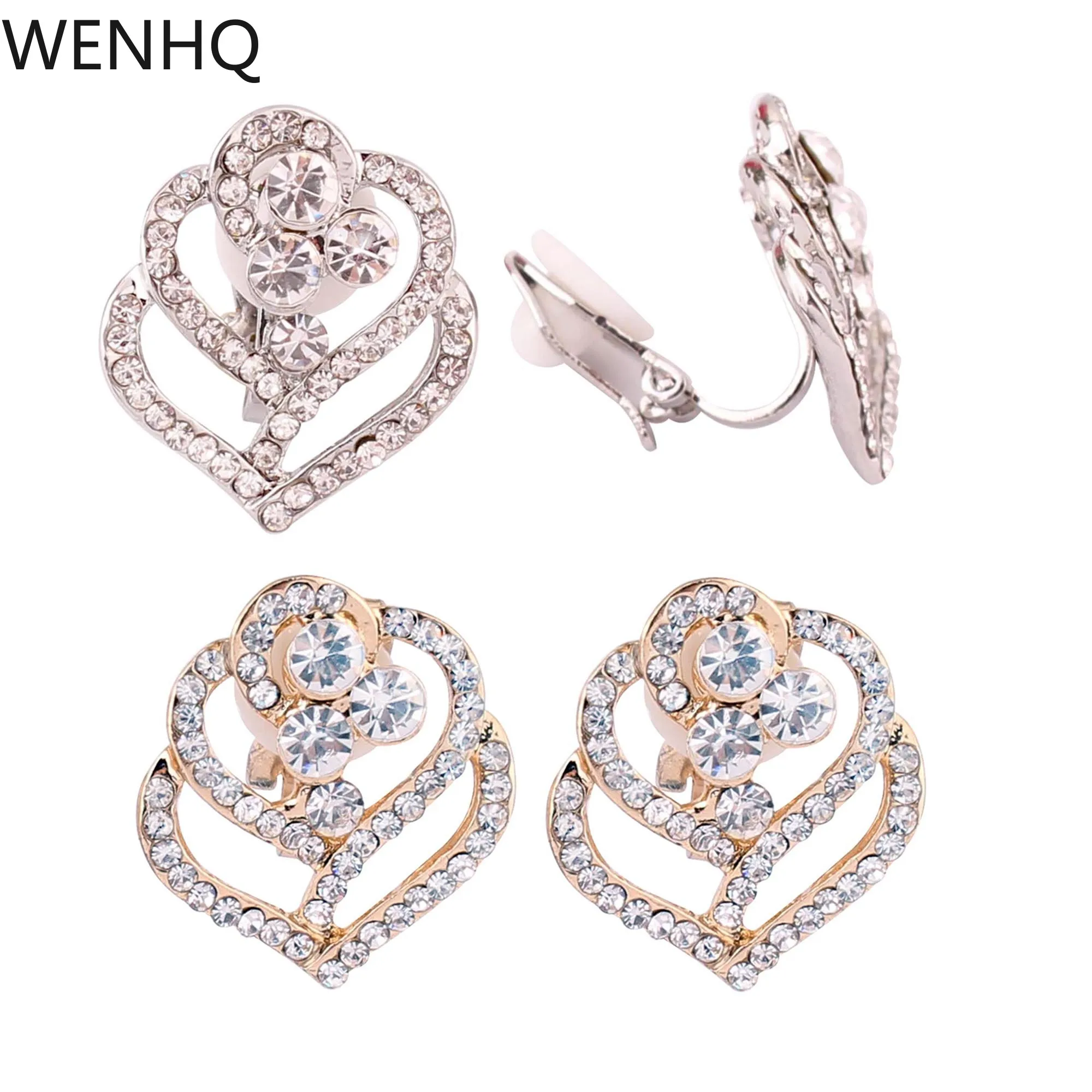 

WENHQ New Flower Clip on Earrings Without Pierced Fashion Luxury Bridal Wedding Ear Clip Gold Color Rhinestone No Hole Earrings