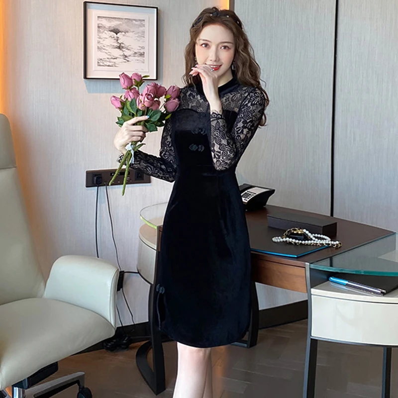 Женское кружевное платье-карандаш средней длины элегантное бархатное черное