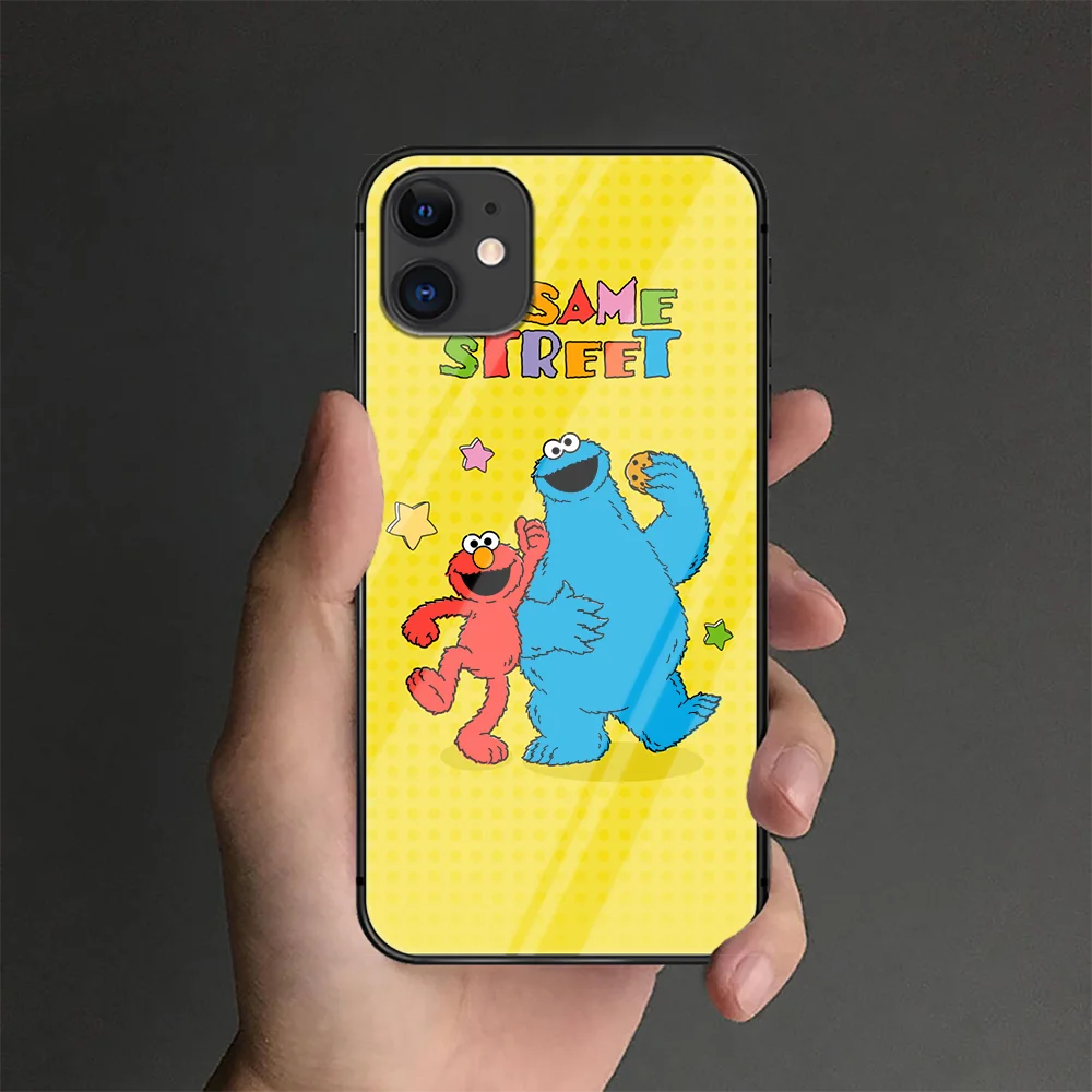 

Sesame Street Cute Phone Tempered Glass Case Cover For IPhone 6 6S 7 8 11 12 X Xr Xs Se 2020 Pro Max Plus Mini Black Painting