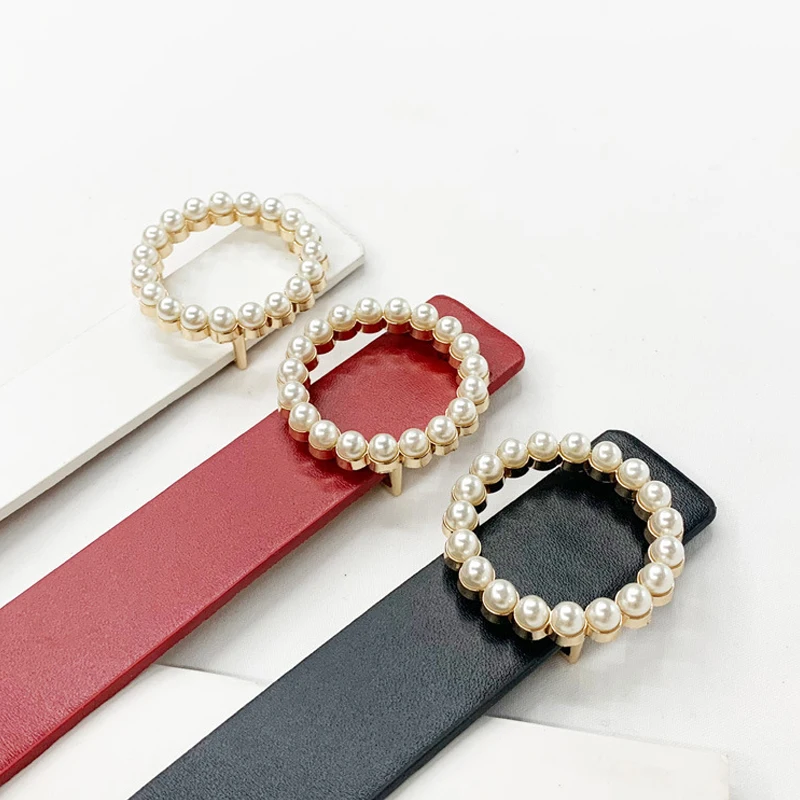 

Leather belt women waist luxury brand black red cinturon mujer belts for jeans woman pearl studded buckle fashion decorative