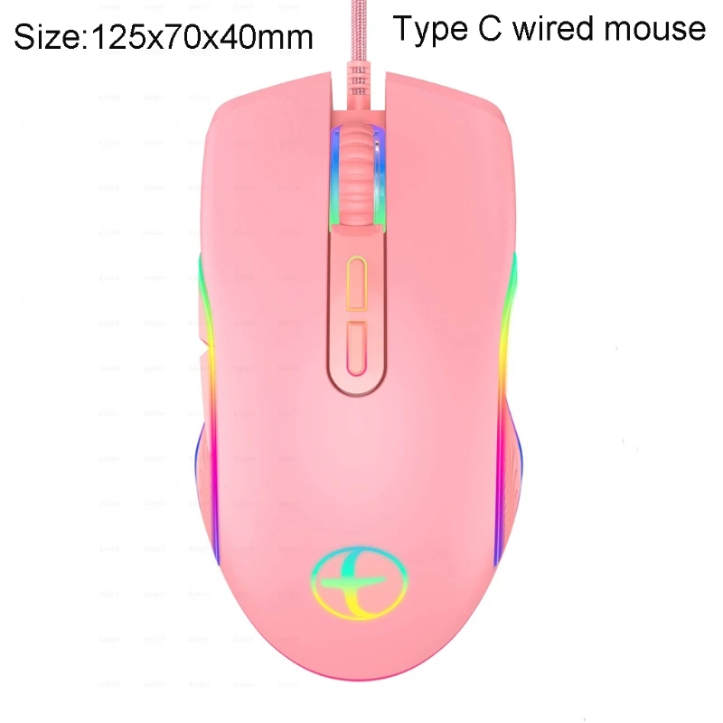 

LED Cute Wired Mouse Pink Optical Mice w/Type-C for PC Laptop Computer Games