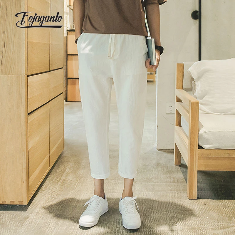

FOJAGANTO Men's Spring Summer New Pants Korean Style Linen Slim Casual Cropped Trousers Fashion Light Solid Color Pants Male