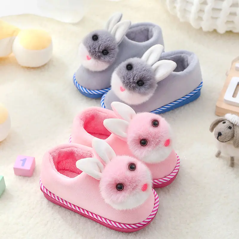 Розовые Тапочки с кроликом Милая детская зимняя домашняя обувь Детские плюшевые