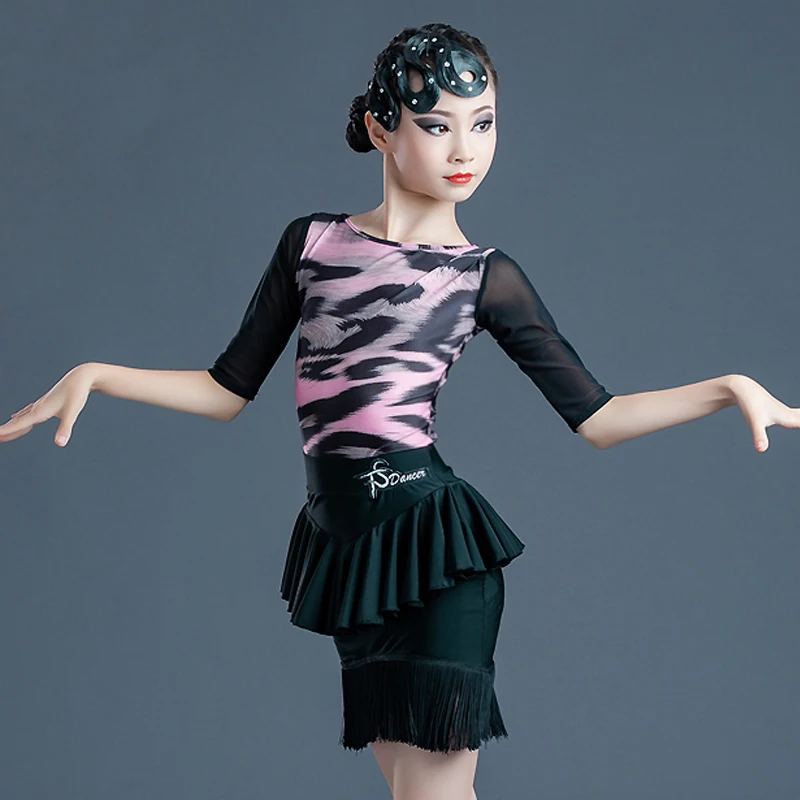 

Kids Latin Dresses New Leopard Black Latin Dance Skirt Tassels Professional Latin Practice Clothes Girls Samba Dance Wear