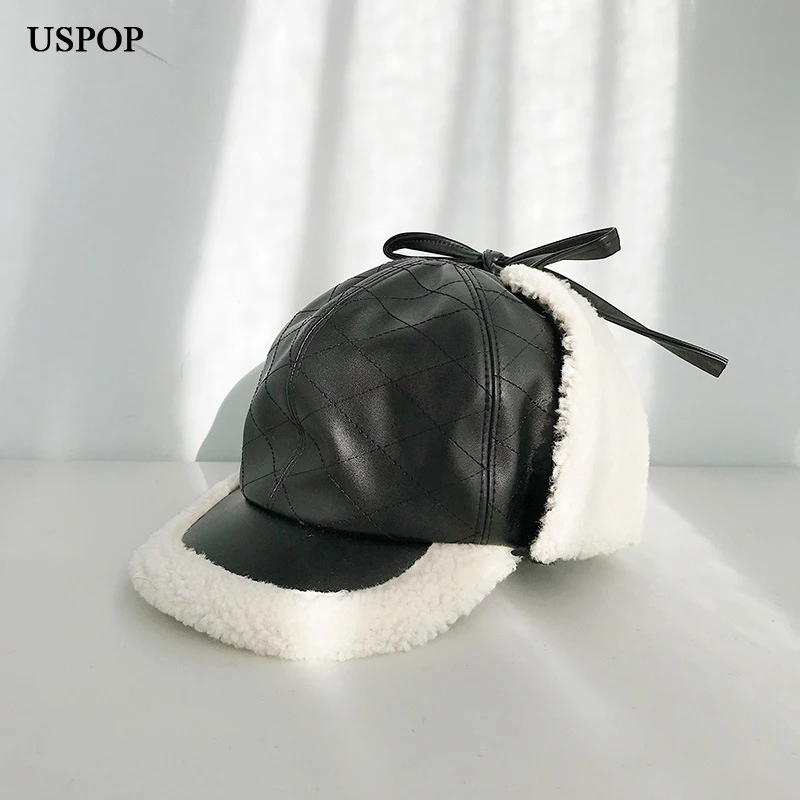 USPOP зимние женские шапки из овечьей шерсти кожаные бейсболки с козырьком для