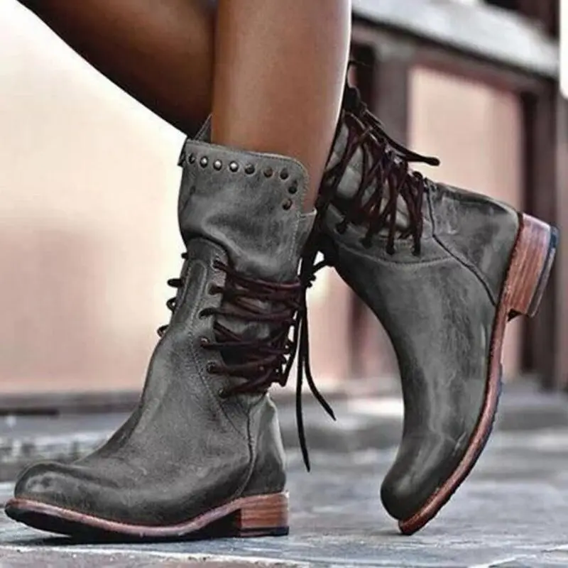 

2020 New Women Mid-calf Boots Ladies Chaussure Girl Vintage PU Leather Booties Shoes Woman Warm Lace-Up Platform Boots
