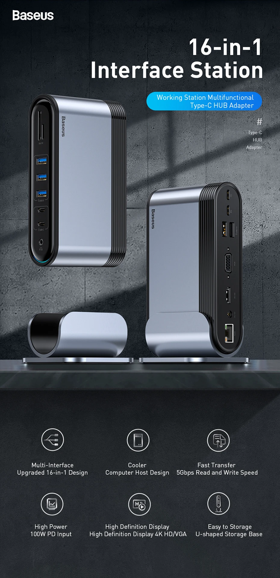 Baseus 16 в 1 USB C концентратор type C для мульти HDMI RJ45 VGA USB 3,0 2,0 с адаптером питания док-станция для MacBook Pro type-c концентратор
