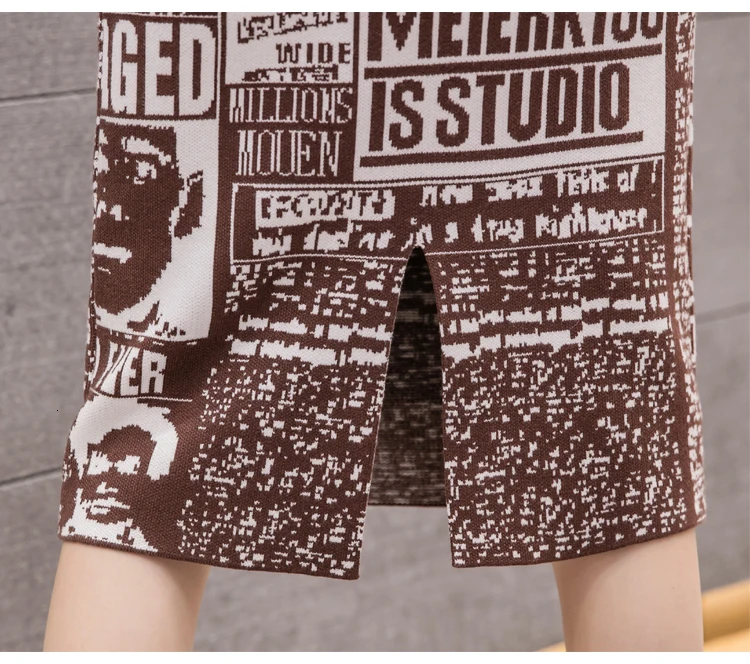 

New 2019 Spring Autumn Fashion Women High Waist Letters Printed Knitted Skirt Female Knee-Length Package Hips Sweater Skirts