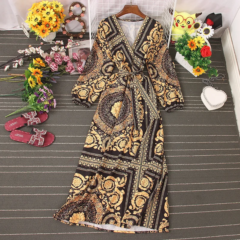 

Ladies Spring Summer New 2021 Temperament Grace Dress Bandage V Neck High Waist Print Lantern Sleeve Women's Dress