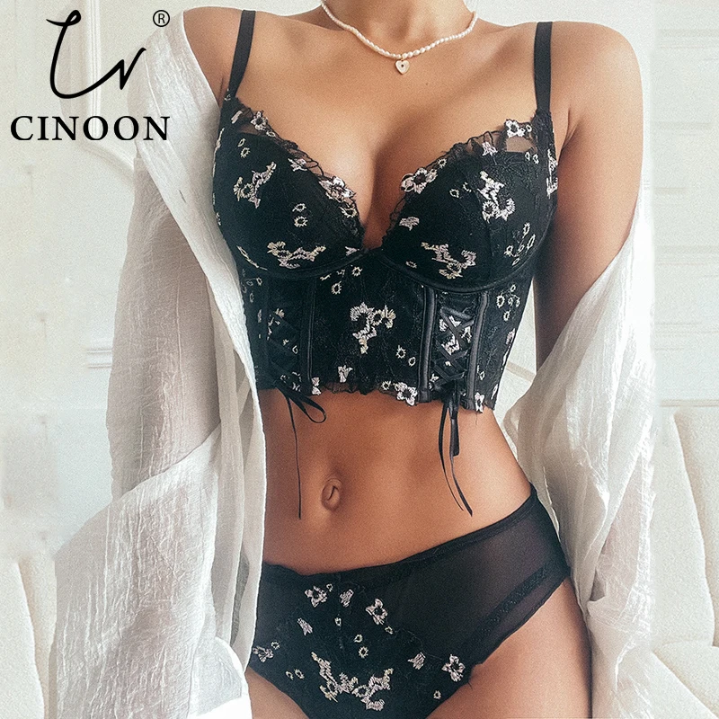 

CINOON Embroidery Lace Women's Underwear Set Rubber Bone Push Up Bra Set Wireless Intimates French Prevent Sagging Lingerie Sets