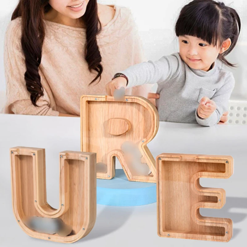 

New Creative Wooden English Alphabet Piggy Bank Transparent Glass Piggy Bank