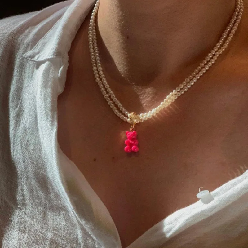 

Sweet Super Fairy Imitation Pearl Resin Bear Necklace Cute Cartoon Candy Color Bear Double Clavicle Chain Suitable For Party
