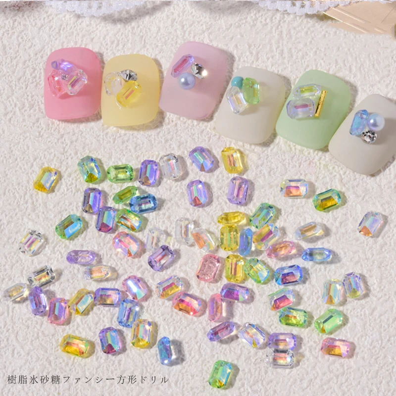 

100pcs Candy Colors Aurora Transparent Nail Art Decorations 3D Rectangle Heart Nail Jewelry Ornaments Resin Manicure Accessories