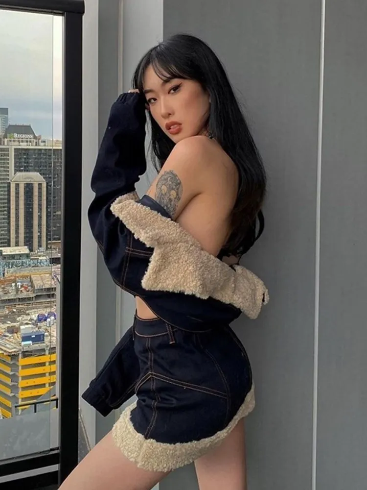 Флисовая черная джинсовая юбка InsGoth Goth в стиле Харадзюку гранж-панк облегающие