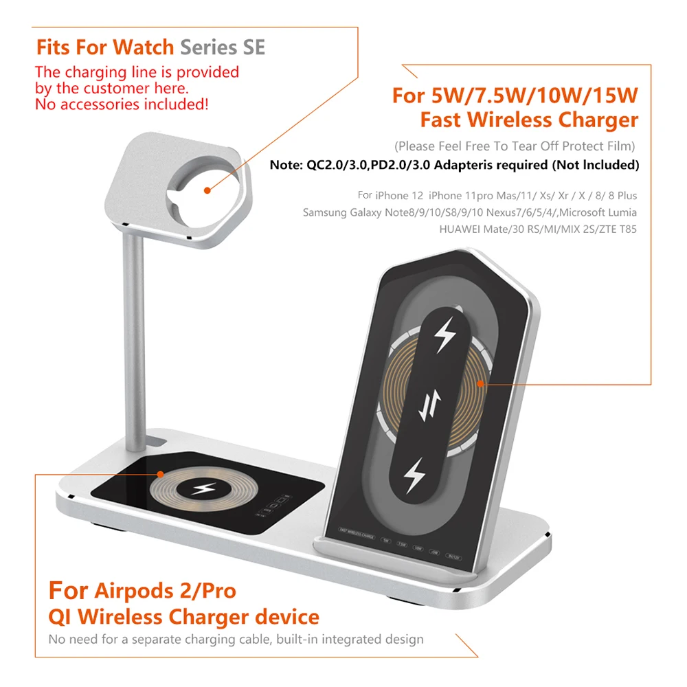 

3 In 1 15W Wireless Charger Stand For IPhone 12 11 Pro XS MAX SamsungGalaxy Note8/9/10 Fast Charging Dock Station Phone Charger