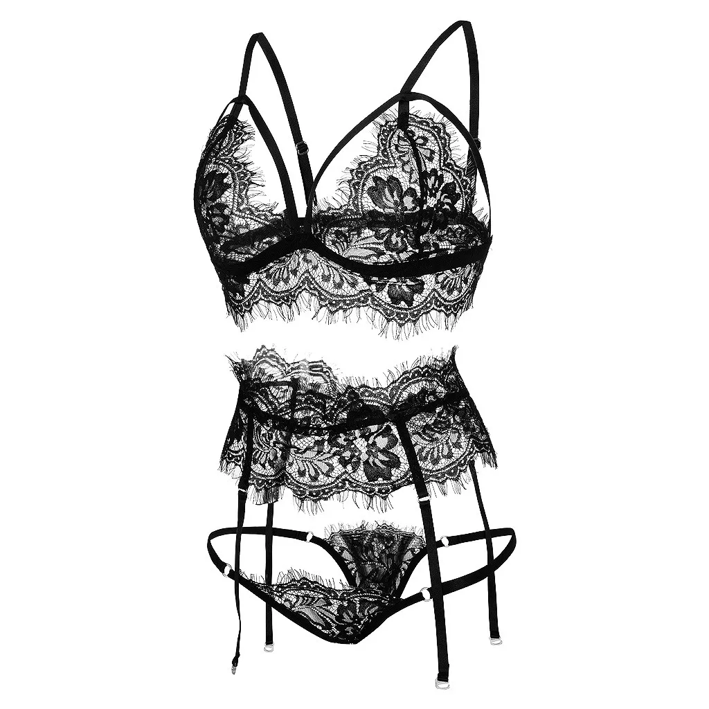 

3pcs/Set Women Intimates Sexo Sheer Lace Bra+ Garter Belt+Gstring Thong Sexy Transparent Bra Set Embroidery Lingerie Brassiere