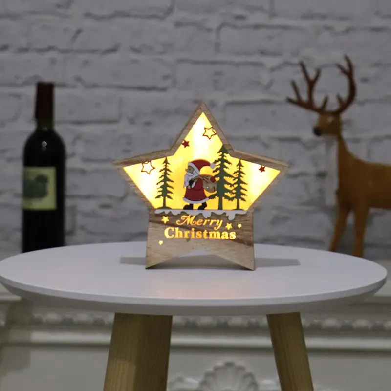 Lighting Christmas Wooden Ornament LED Stars Shape Santa Claus Deer Decor Lamp Xmas Gift