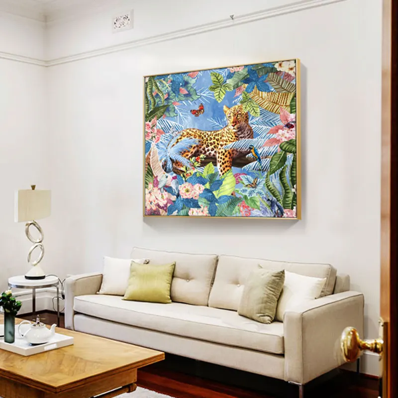 Современный леопардовой расцветки с цветами Холст Картина печатный плакат Декор
