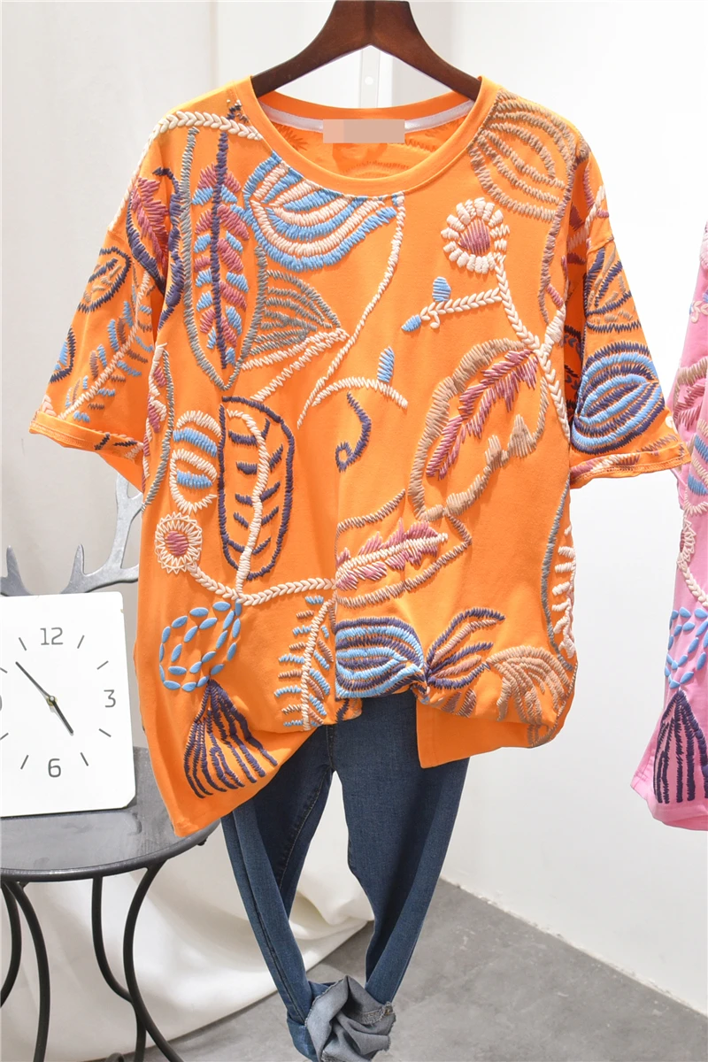 

European Fashion 2021 New Short-Sleeved T-shirt Women Summer Cotton Plant Print Mid-Length Tshirt Female Plus Size Loose Tops