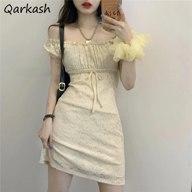 

Dress Women Yellow Slash Neck Edible Tree Fungus A-line Lace Sexy Double-layer Sweet Female Mini Summer Maiden All-match Solid