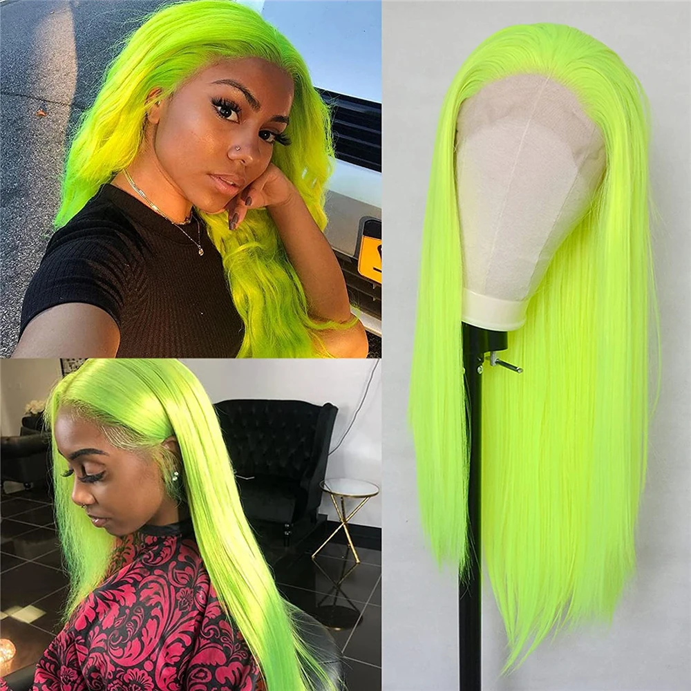 Fluorescent Green Hair Cosplay Frontal Lace Wig for Women Girls Silky Straight Heat Resistant Fiber Hair Lace Front Wigs