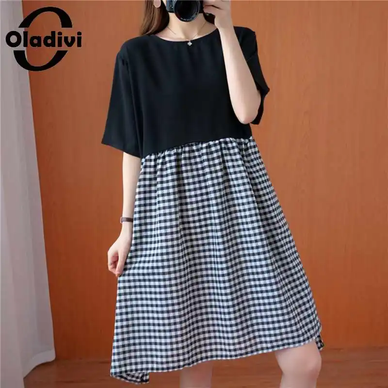 

Oladivi Oversized Clothing Cotton Linen Patchwork Plaid Dress Women Summer 2021 New Casual Loose Dresses Robe Femme Vestidios