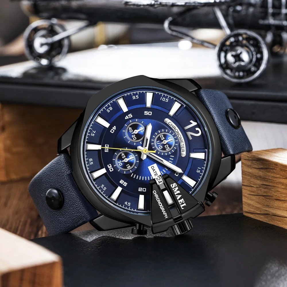 SMAEL повседневное кожаный ремень Мульти указатель дисплей Кварцевые часы мужские
