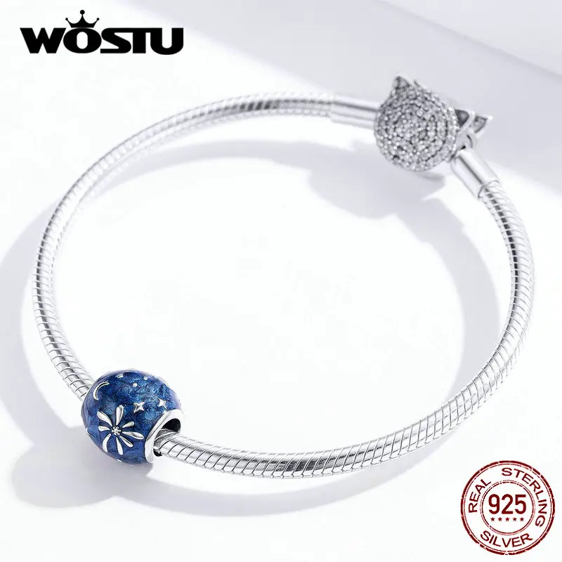 WOSTU серебро 925 пробы фейерверк синие Бусины Круглый Шарм оригинальный браслет