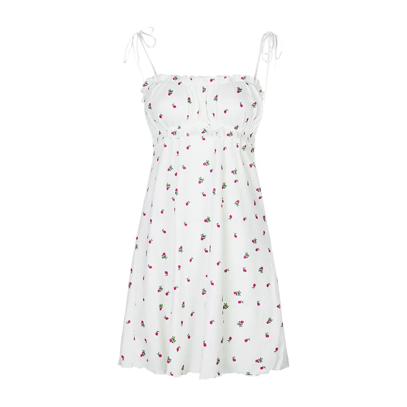 

Floral Printed Sleeveless Spaghetti Strap Dress Summer White A Line Short Dresses Ladies Ruched Tie Up Casual Dress