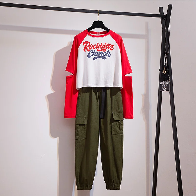 

Korean fashion loose letters 2020 fall new bump color printing long-sleeved sweatshirt pocket pants suit leisure outfit set