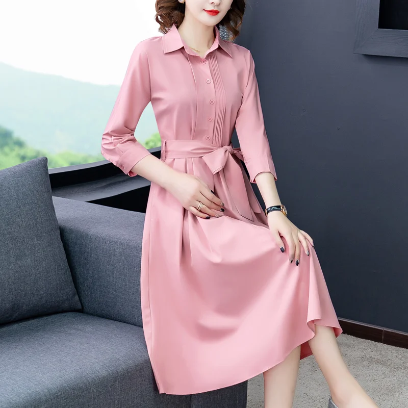 Pink Elegant Long Sleeve Midi Shirt Dress Spring Autumn Korean Fashion Party Vestidos 2023 Women New Bodycon Casual Solid Dress