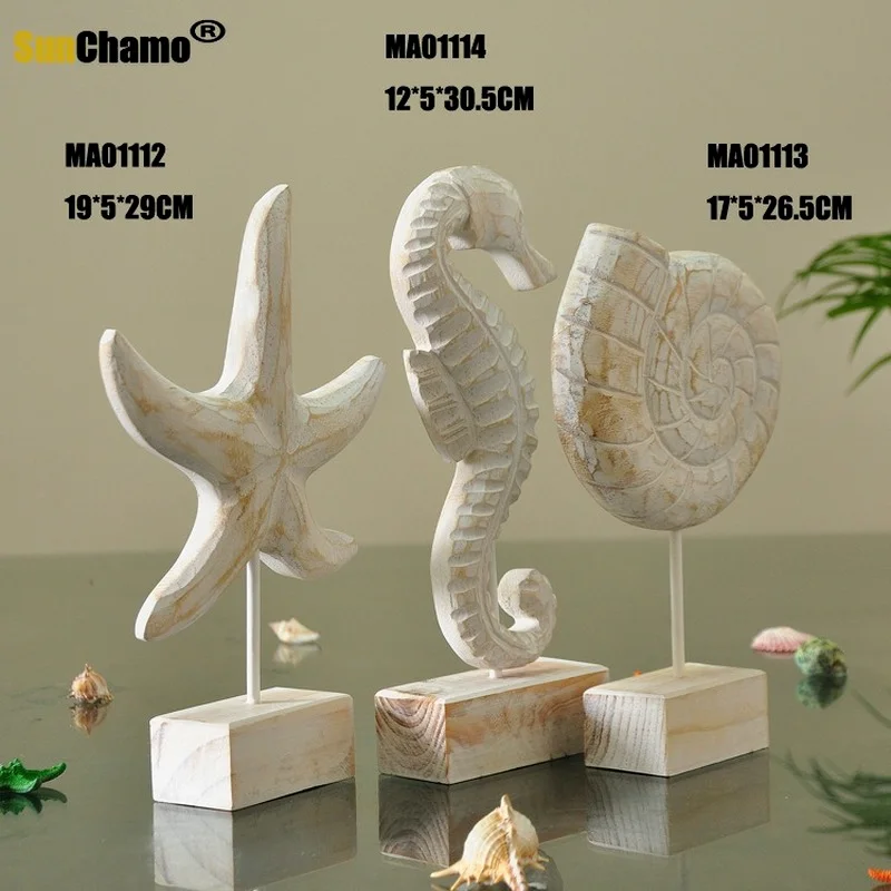 

Mediterranean Style Wood Crafts Home Decoration Accessories Wooden Crafts Starfish Conch Hippocampus Wood Carving Marine Decor