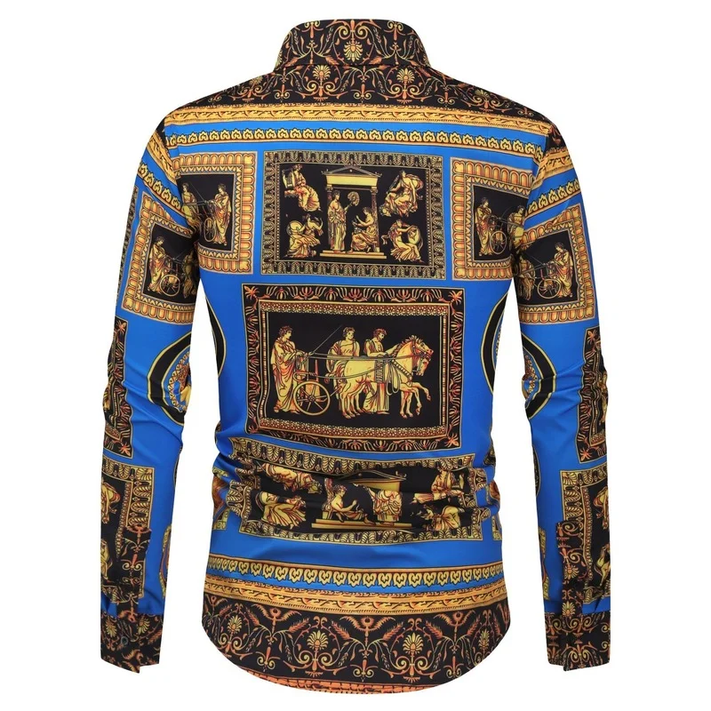 

2021 New Fashion Mens Long Sleeve Shirts Royal Luxury Brand Print Designer Dress Shirts Fancy Slim Casual Men Streetwear