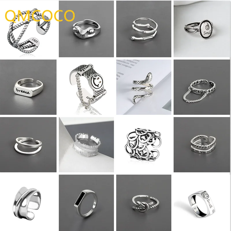 

QMCOCO Silver Color Vintage Silver Color Punk Geometry Open Rings Design Simple Finger Rings For Women Men Fine Jewelry Gift
