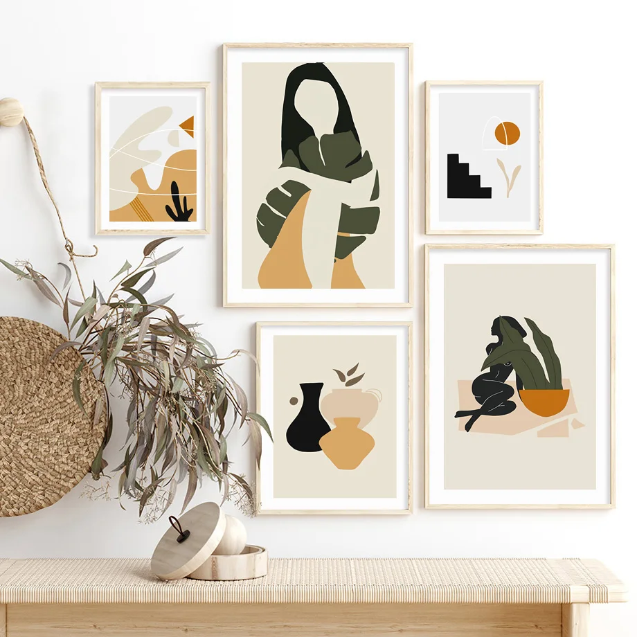 

Minimalist Geometry Abstract Girl Leaf Vase Nordic Poster Nude Wall Art Print Canvas Painting Wall Picture For Living Room Decor