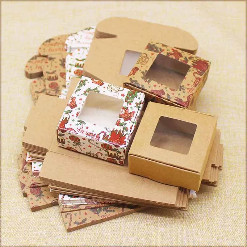10pcs Kraft Paper Candy Box Merry Christmas Print Gifts With Window Marbling Style Package Home Wedding Party Decor | Дом и сад