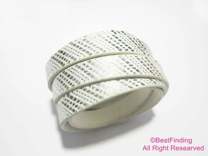 

10mm Silver glitter white flat leather cord 10x2mm leather cords S1078