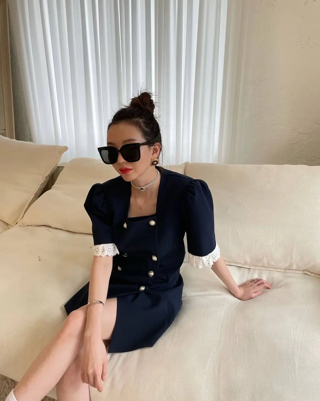 

Lace Puff Sleeve Button Dress Mini Square Neck Office Short Robe 2021 Summer Fashion Ladies Clothing