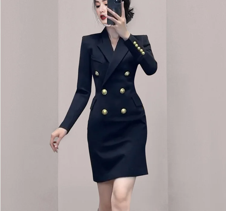 

High Quality 2022 New Spring Women's Turn Down Collar Double Breasted Temperament Dress Long Sleeve Dress Jacket