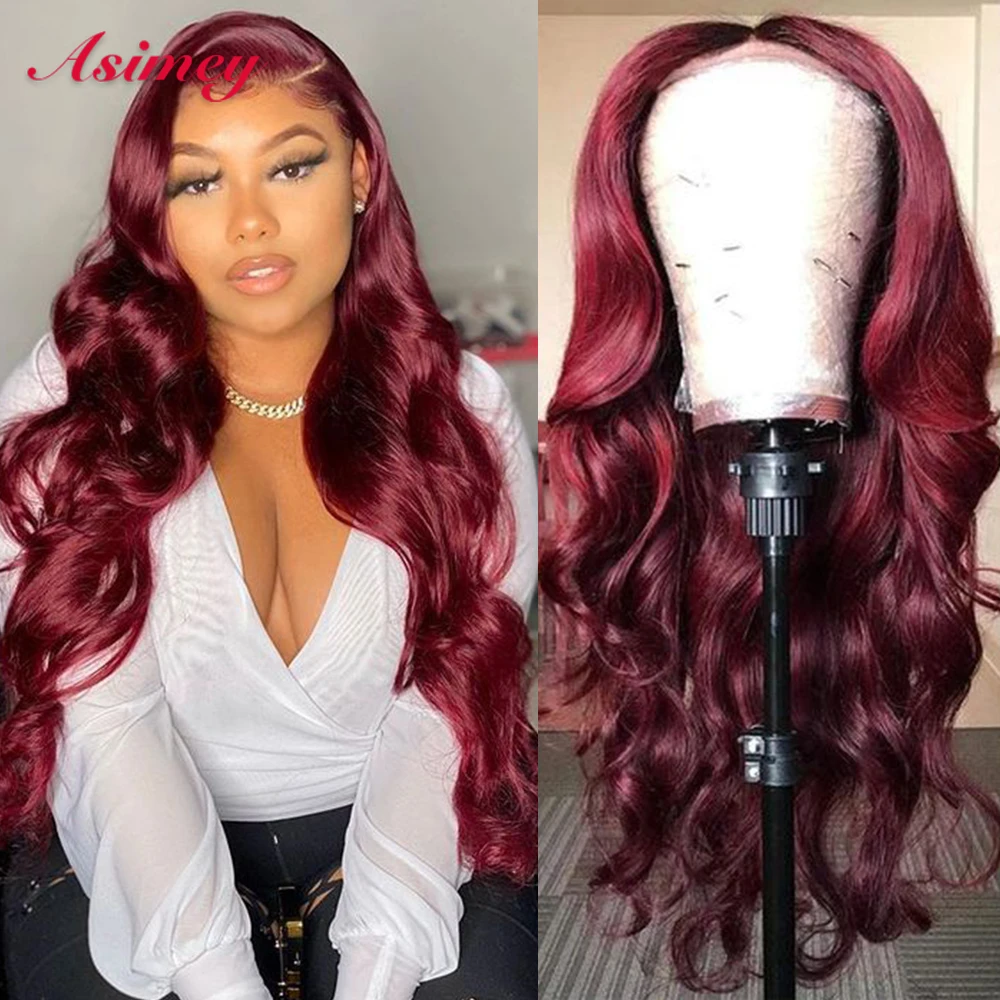 

Asimey 99J Red Colored Body Wave Human Hair Wigs 13X4 Transparent Lace Frontal Wig 180% Density Preplucked Virgin Remy For Women