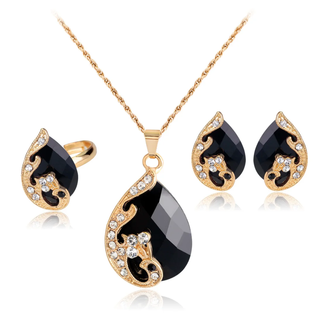 

Fashion Gold Color Jewelry Sets Luxury Water Drop Pendant Necklace Earrings Ring Crystal Jewelry Sets Women Wedding Jewelry Set
