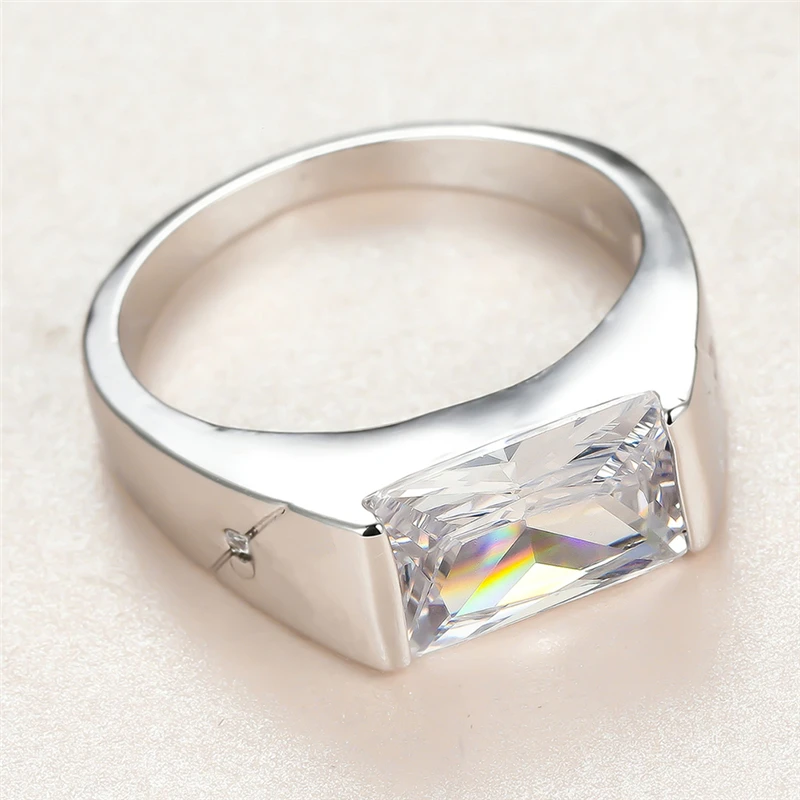 

Trendy Male Female White Crystal Ring Charm Silver Color Thin Wedding Rings For Women Men Classic Square Zircon Engagement Ring