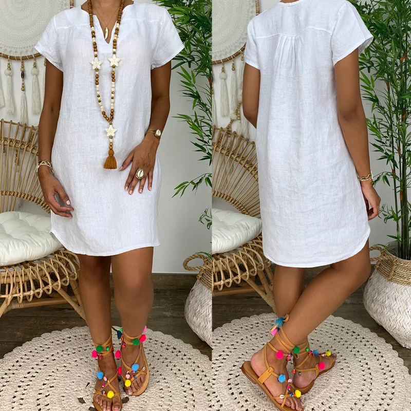 

Summer Cotton Linen Dress Flax Casual Wear Basic Dress 5xl Women Plus Size Sukienka Ruched Short Sleeve Loose Plain Dress Solid
