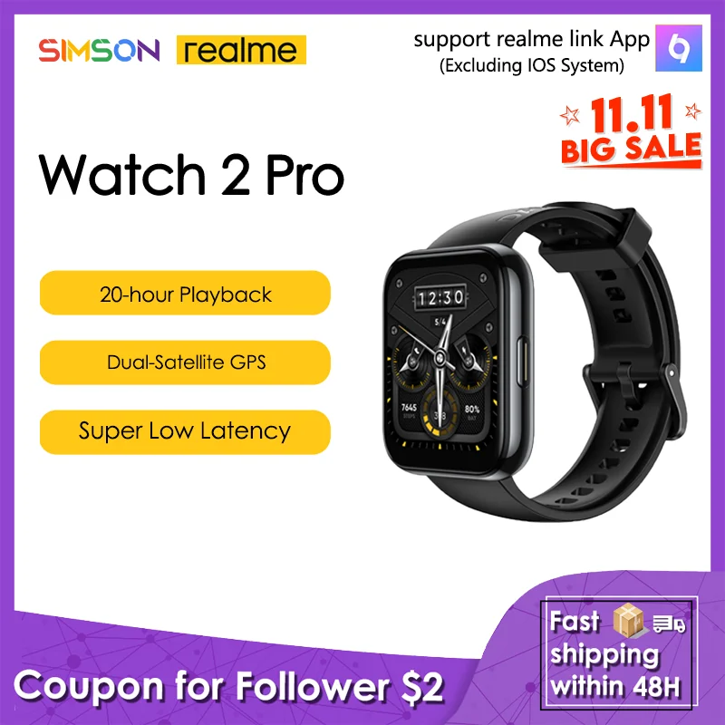 Global Version realme Watch 2 pro Smart 1.75" Color Display GPS High-Precision Dual-Satellite 90 Sport Modes Real Stock | Электроника