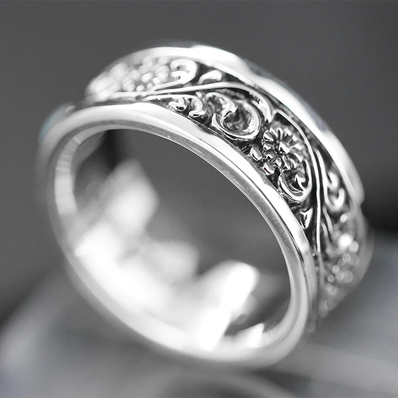 

Silver Tang Grass Pattern Thai Silver Inlaid Turquoise Ring Personality Retro Court Men's Ring