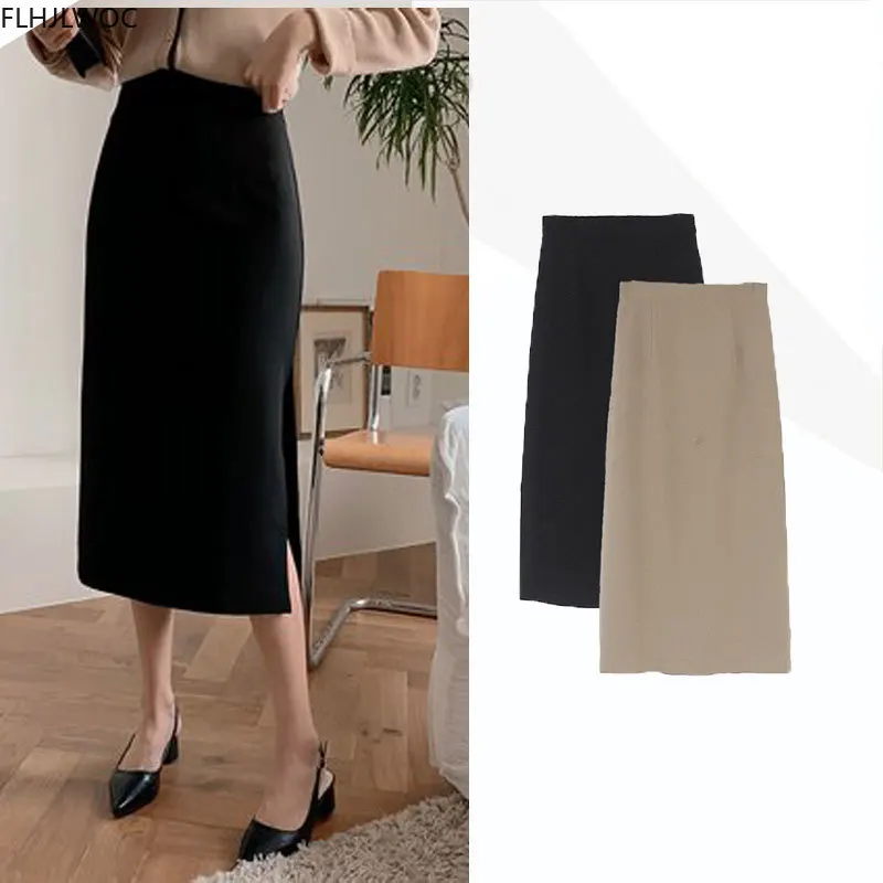 

2020 Autumn New Arrivals Womens Solid Black High Waist Split Skirts