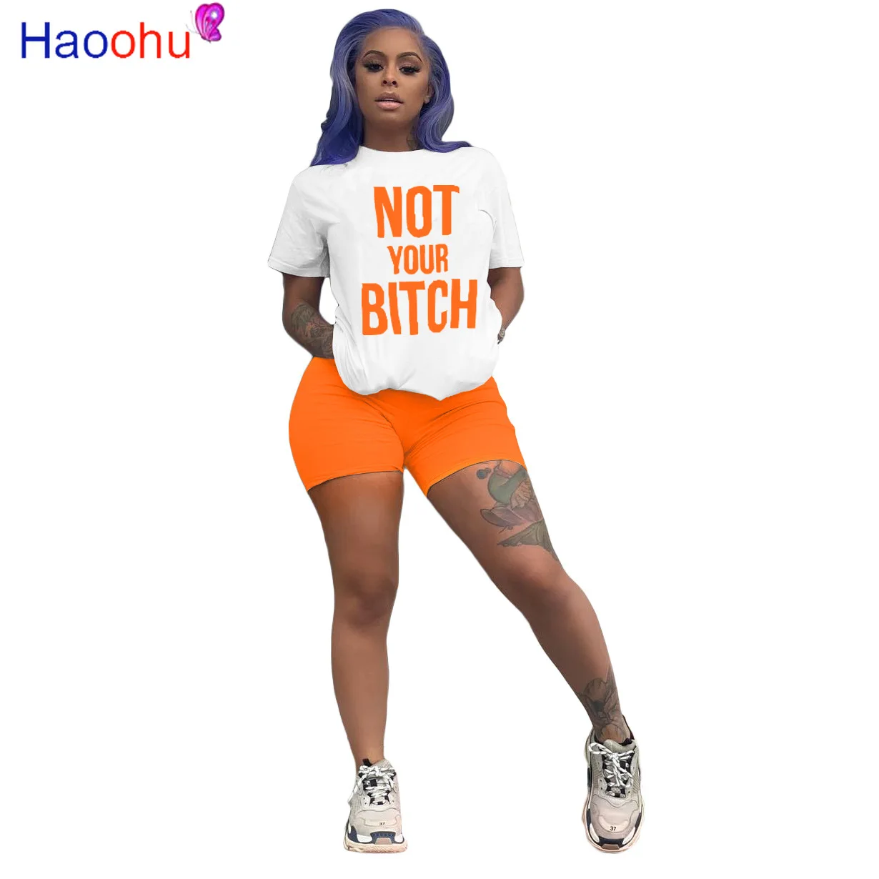 

HAOOHU Women Letter Print Tee Tops Shorts Suit Sport Two Piece Set Fashion Tracksuit Matching Set Outfit