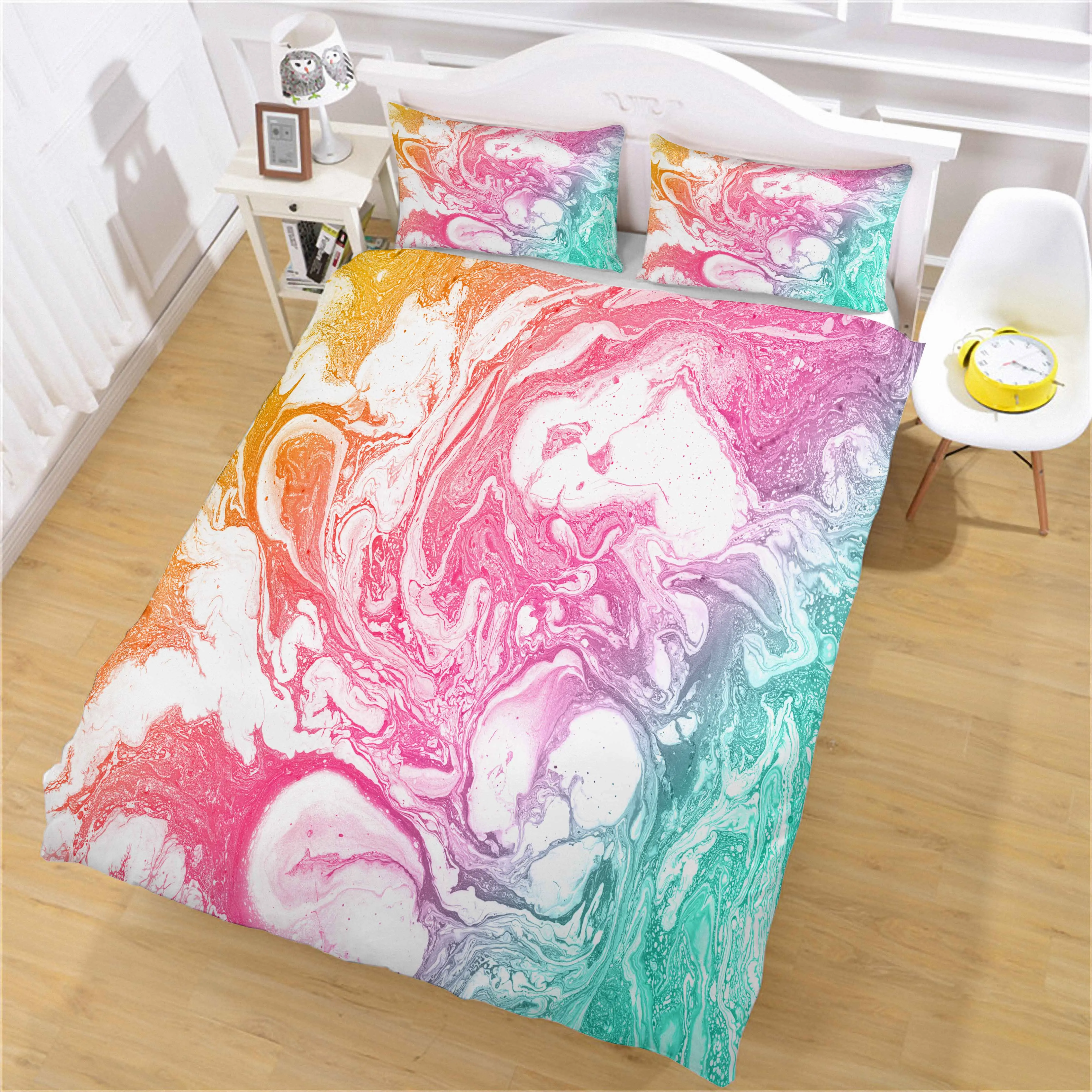 

Colorful Marble Bedding Set Pastel Pink Blue Purple Duvet Cover Color Art Liquid Ripple Marble Ripple Bedspread 3 Pcs